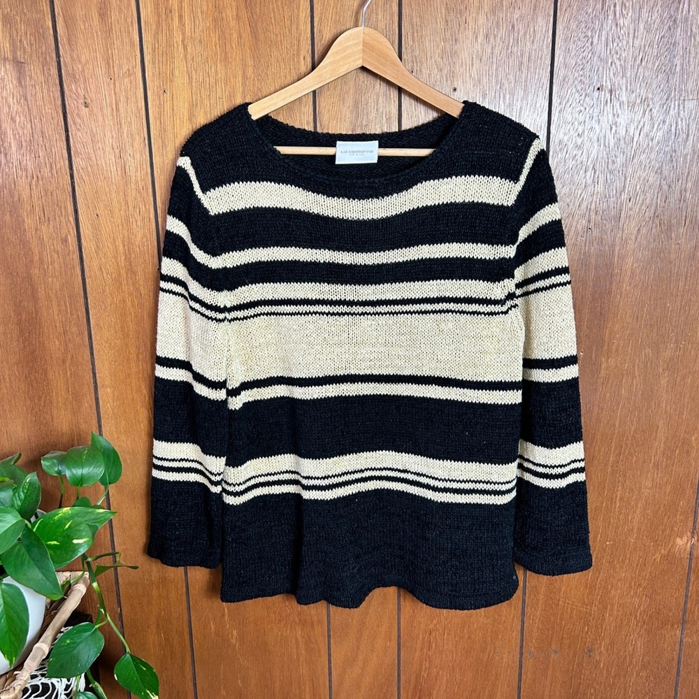 Liz Claiborne Womens Striped Knit Sweater Long Sleeve‎ Crew Neck Black Beige